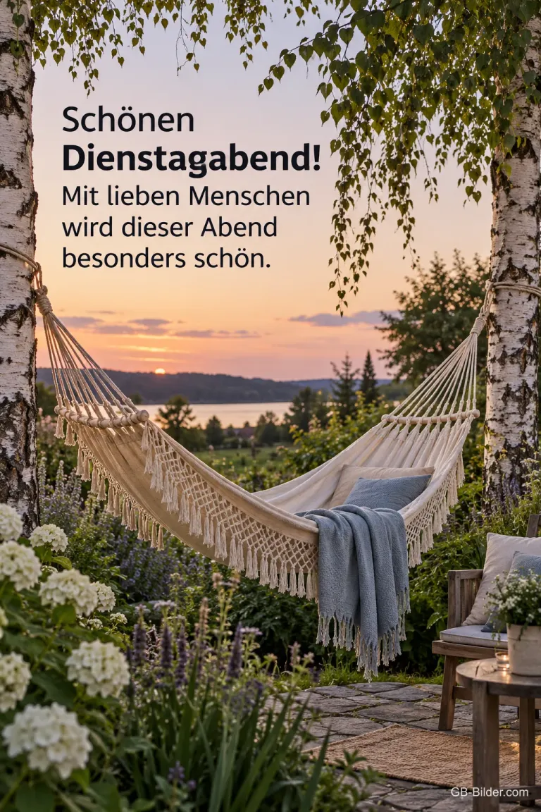Hängematte zwischen Birken über einem See, Text: Schönen Dienstagabend! – Mit lieben Menschen wird dieser Abend besonders schön.
