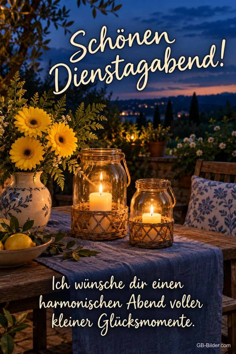 Windlichter und Sonnenblumen auf einem Terrassentisch, Text: Schönen Dienstagabend! – Ich wünsche dir einen harmonischen Abend voller kleiner Glücksmomente.