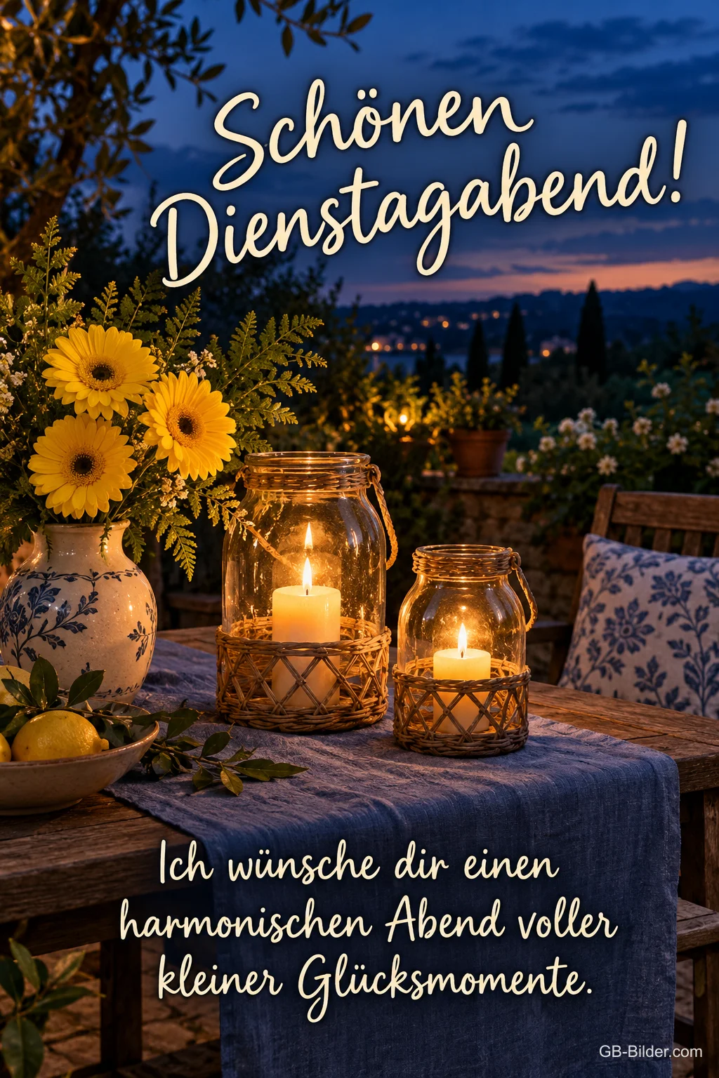 Windlichter und Sonnenblumen auf einem Terrassentisch, Text: Schönen Dienstagabend! – Ich wünsche dir einen harmonischen Abend voller kleiner Glücksmomente. Windlichter und Sonnenblumen auf einem Terrassentisch, Text: Schönen Dienstagabend! – Ich wünsche dir einen harmonischen Abend voller kleiner Glücksmomente.