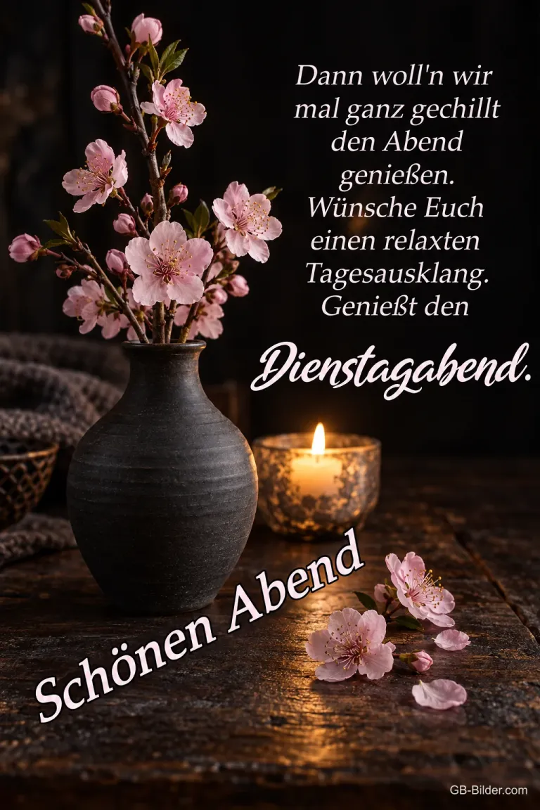 Kirschblütenzweig in einer dunklen Vase neben einem Teelicht, Text: Dann woll’n wir mal ganz gechillt den Abend genießen. Wünsche Euch einen relaxten Tagesausklang. Genießt den Dienstagabend. Schönen Abend