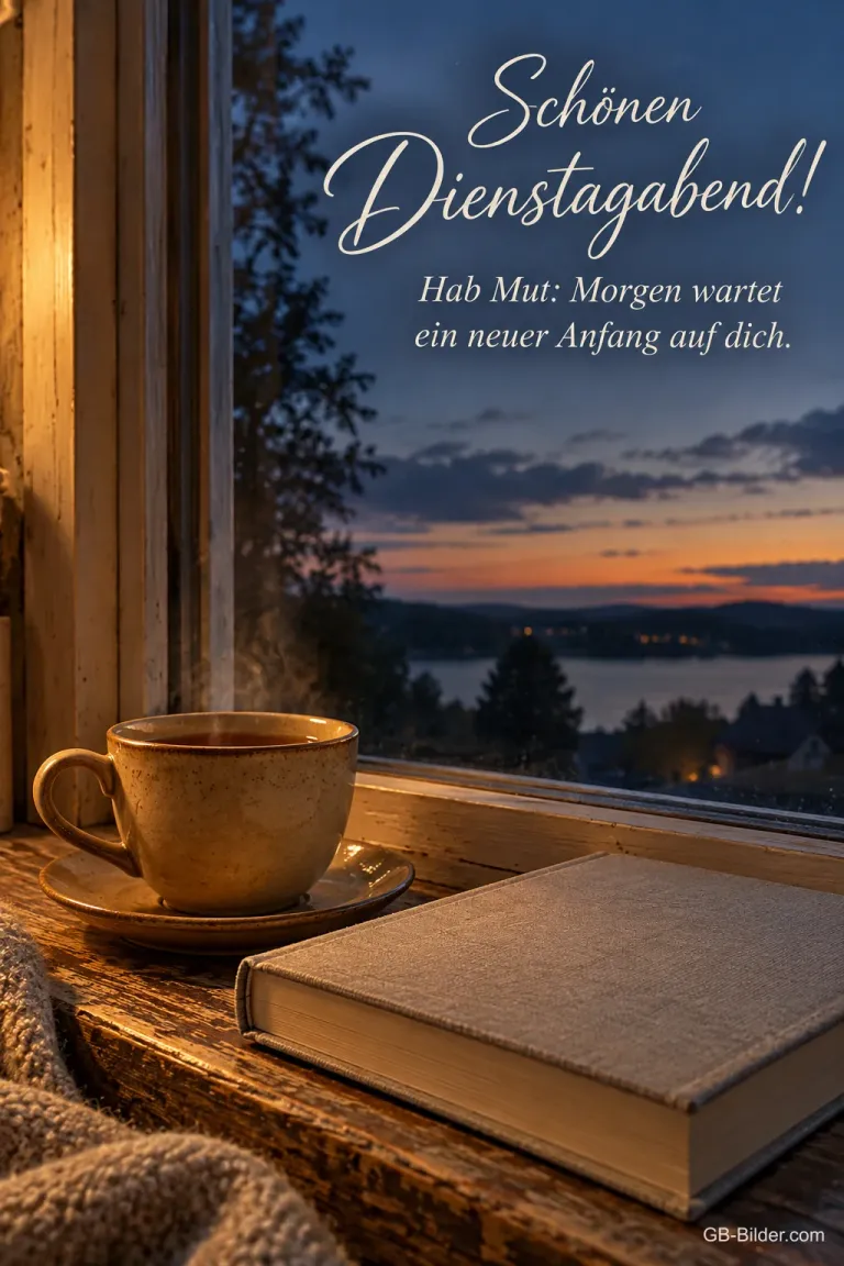 Teetasse und Buch auf der Fensterbank mit Blick auf einen See in der Dämmerung, Text: Schönen Dienstagabend! Hab Mut: Morgen wartet ein neuer Anfang auf dich.
