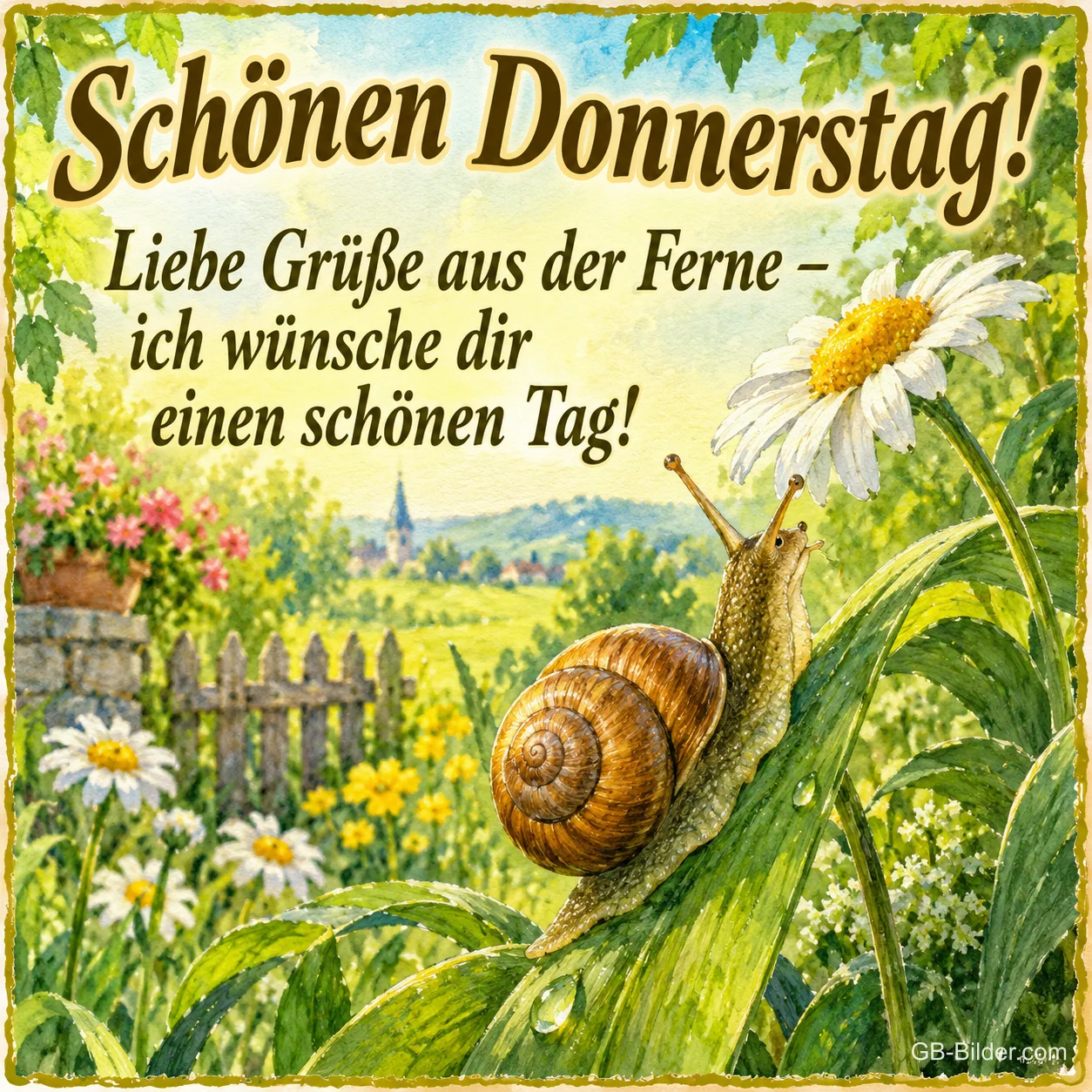 Schnecke klettert an einem Grashalm über einer Blumenwiese, Text: Schönen Donnerstag! – Liebe Grüße aus der Ferne – ich wünsche dir einen schönen Tag!
