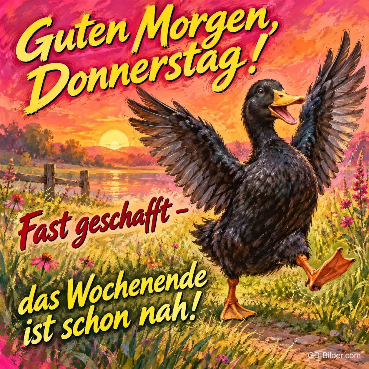 Schwarze Ente tanzt mit ausgebreiteten Flügeln auf einer Wiese im Abendrot, Text: Guten Morgen, Donnerstag! Fast geschafft – das Wochenende ist schon nah!