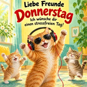 Rote Katze mit Kopfhörern und Sonnenbrille tanzt mit Kätzchen, Text: Liebe Freunde – Donnerstag – Ich wünsche dir einen stressfreien Tag!