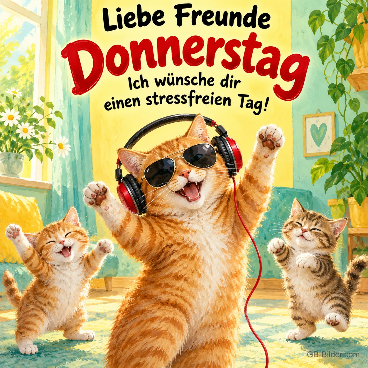 Rote Katze mit Kopfhörern und Sonnenbrille tanzt mit Kätzchen, Text: Liebe Freunde – Donnerstag – Ich wünsche dir einen stressfreien Tag!
