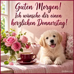 Heller Welpe neben Kaffeetasse und Rosen am Fenster, Text: Guten Morgen! – Ich wünsche dir einen herzlichen Donnerstag!