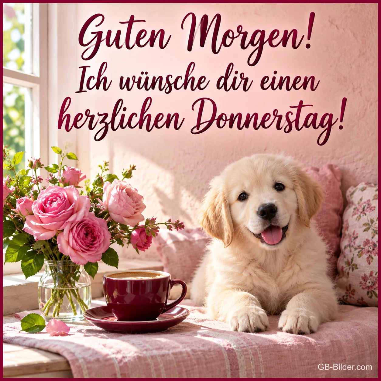 Heller Welpe neben Kaffeetasse und Rosen am Fenster, Text: Guten Morgen! – Ich wünsche dir einen herzlichen Donnerstag!