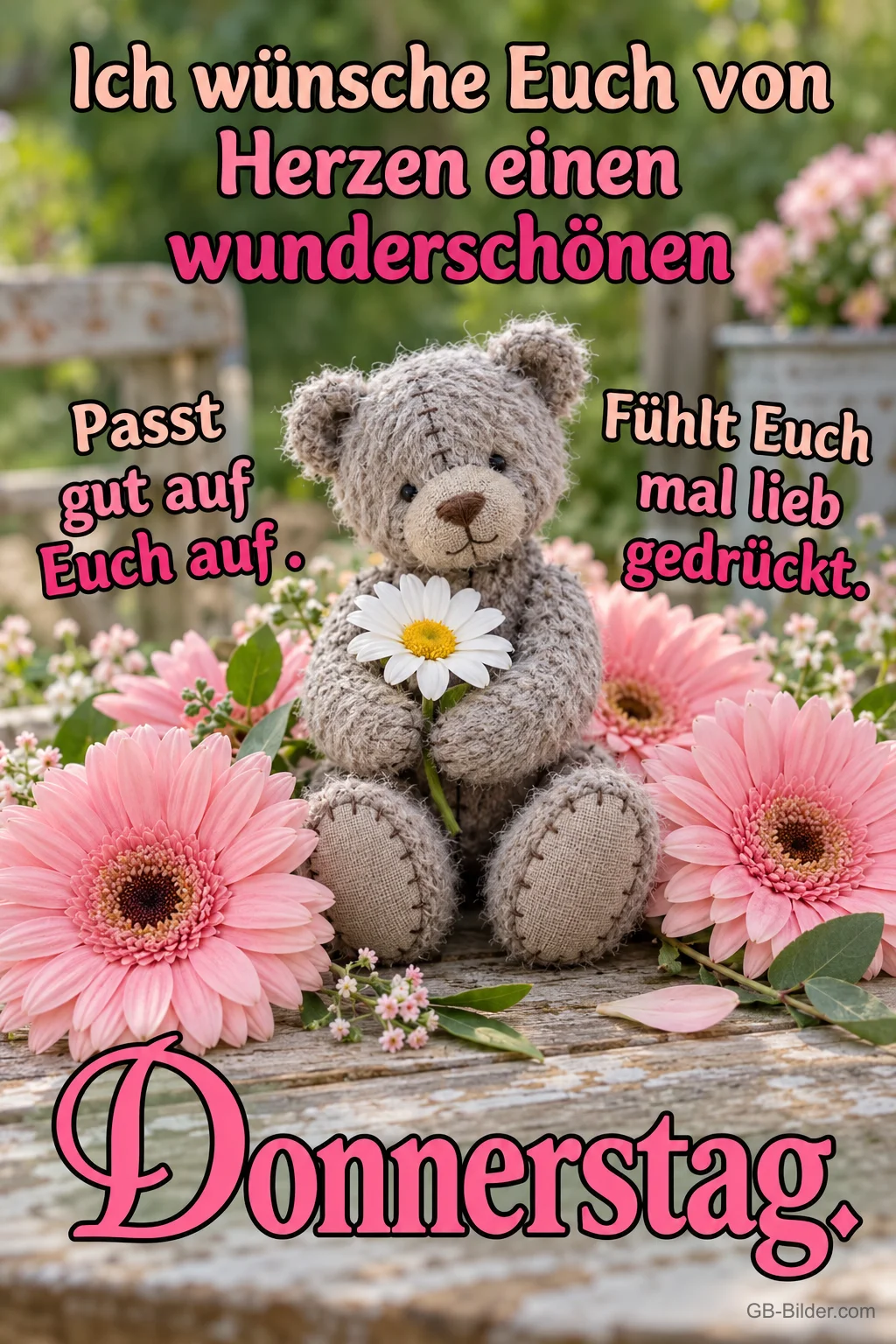 Teddybär mit Margerite, Text: Ich wünsche Euch von Herzen einen wunderschönen Donnerstag