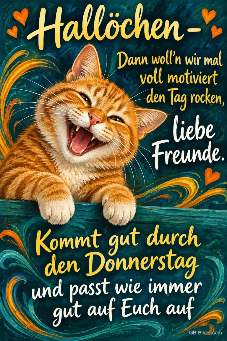Rote Katze lacht über eine Mauer, Text: Hallöchen – Dann woll’n wir mal voll motiviert den Tag rocken, liebe Freunde. Kommt gut durch den Donnerstag und passt wie immer gut auf Euch auf