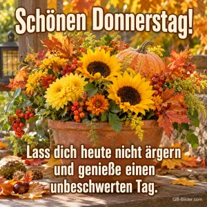 Herbstgesteck mit Sonnenblumen und Kürbis, Text: Schönen Donnerstag! – Lass dich heute nicht ärgern und genieße einen unbeschwerten Tag.