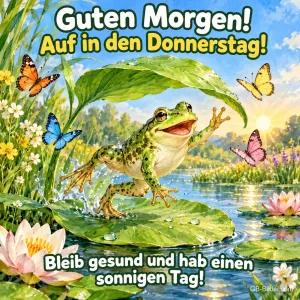 Frosch winkt unter einem Blatt auf einem Seerosenblatt, Text: Guten Morgen! Auf in den Donnerstag! – Bleib gesund und hab einen sonnigen Tag!