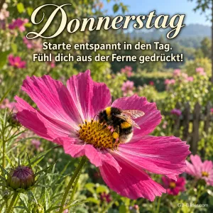 Hummel auf einer pinken Schmuckkörbchenblüte, Text: Donnerstag – Starte entspannt in den Tag. Fühl dich aus der Ferne gedrückt!