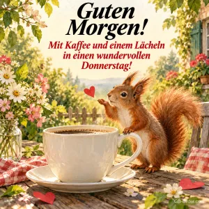 Eichhörnchen neben einer Kaffeetasse auf dem Gartentisch, Text: Guten Morgen! – Mit Kaffee und einem Lächeln in einen wundervollen Donnerstag!