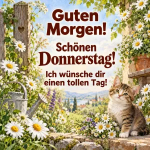 Kätzchen zwischen Margeriten im Garten, Text: Guten Morgen! Schönen Donnerstag! – Ich wünsche dir einen tollen Tag!