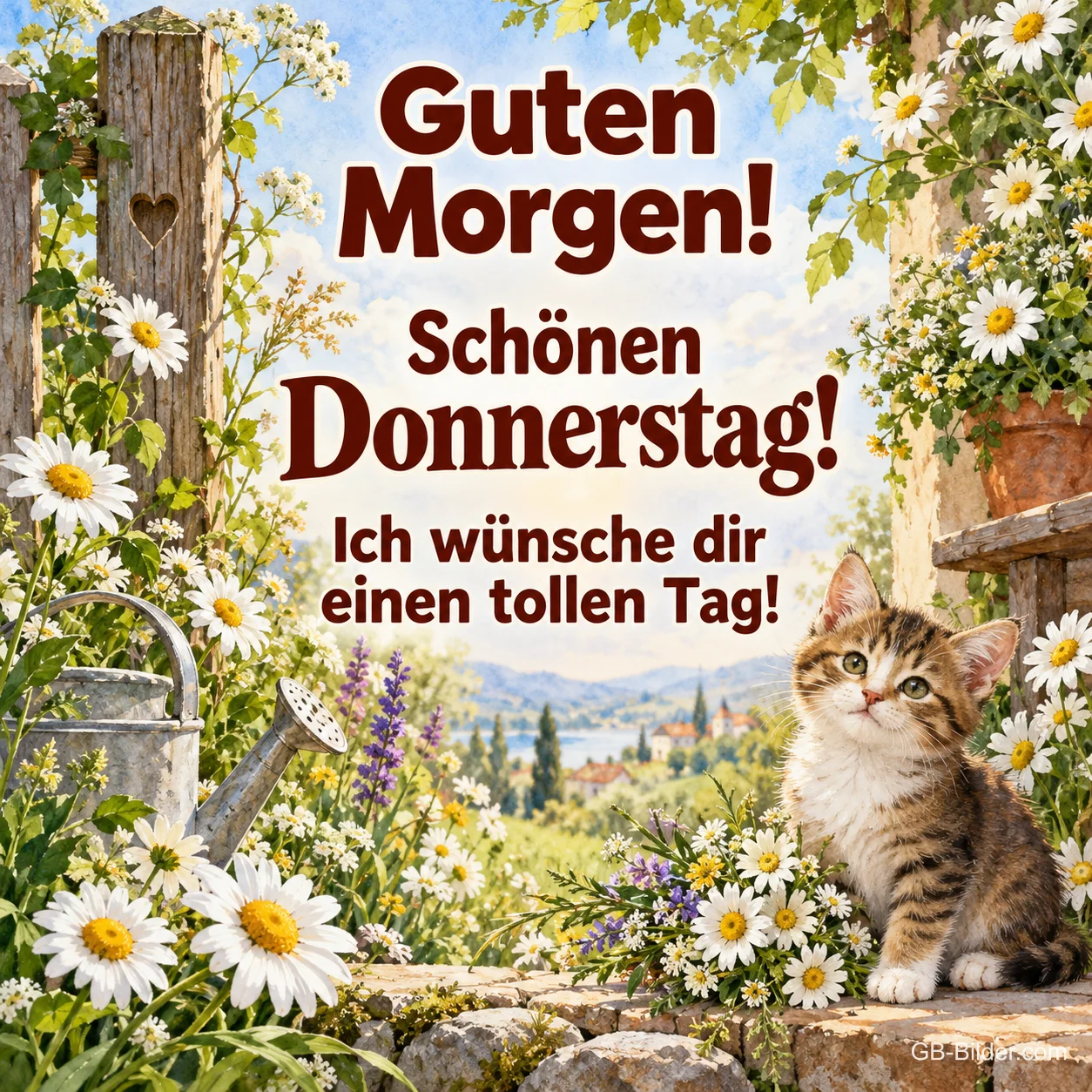Kätzchen zwischen Margeriten im Garten, Text: Guten Morgen! Schönen Donnerstag! – Ich wünsche dir einen tollen Tag!