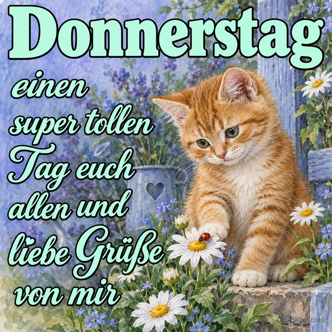 Kätzchen mit Gänseblümchen, Text: Donnerstag einen super tollen Tag euch allen und liebe Grüße von mir