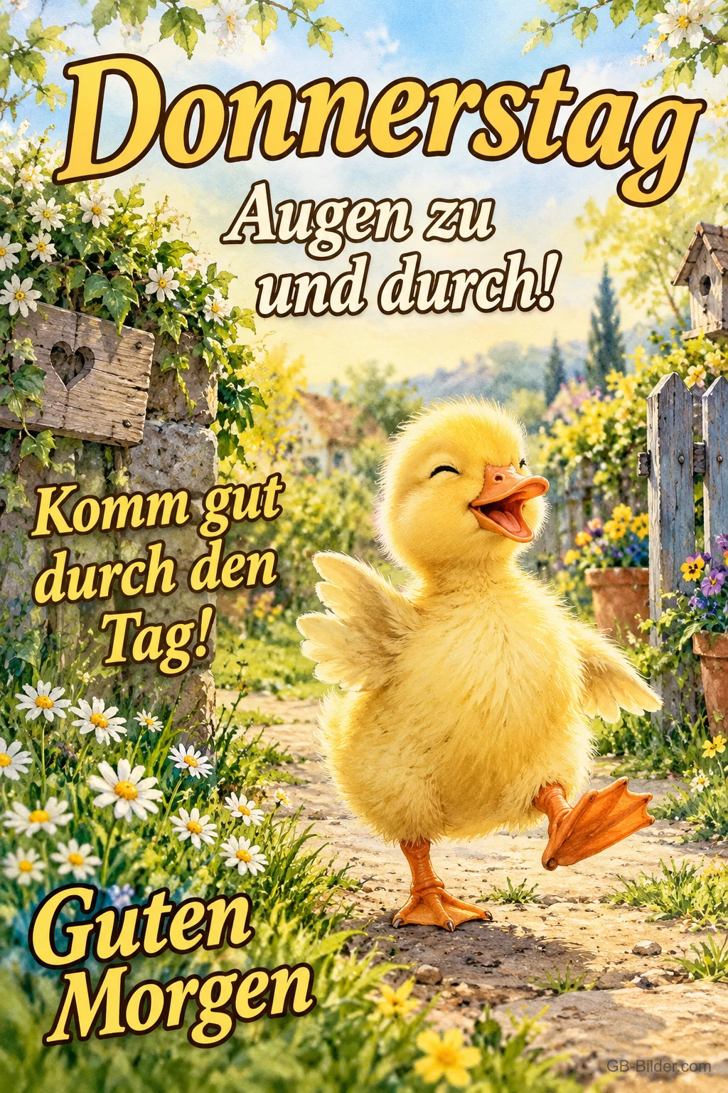 Entenküken stapft lachend durch den Garten, Text: Donnerstag – Augen zu und durch! Komm gut durch den Tag! Guten Morgen