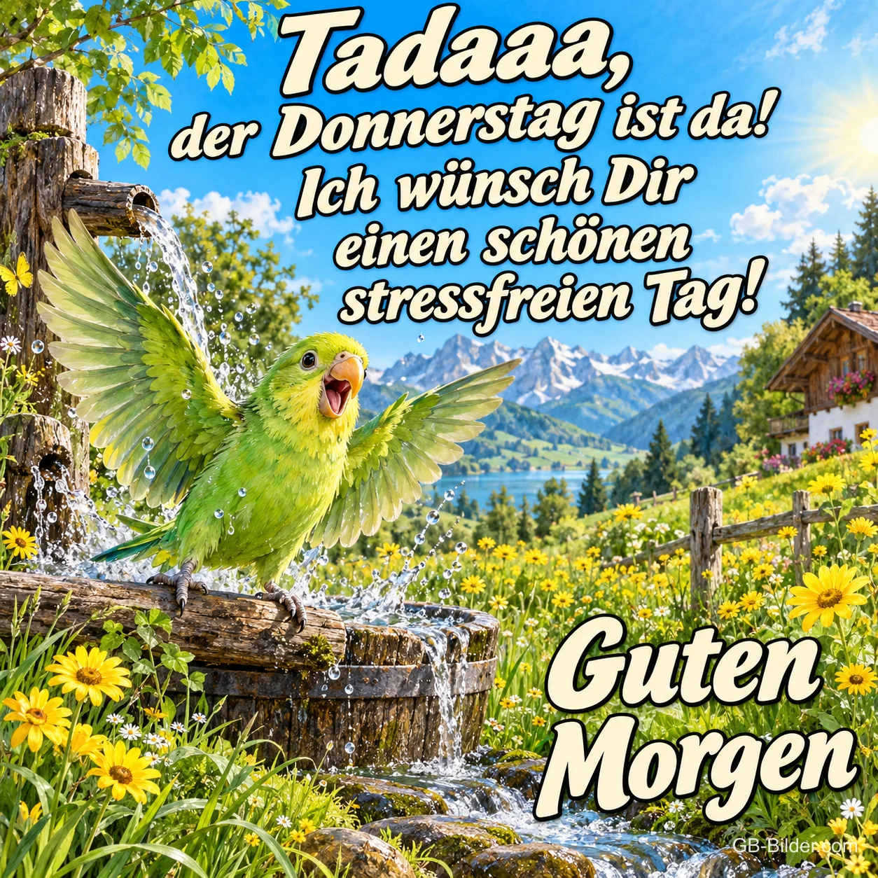 Wellensittich breitet die Flügel über einem Brunnen auf der Bergwiese, Text: Tadaaa, der Donnerstag ist da! Ich wünsch Dir einen schönen stressfreien Tag! Guten Morgen