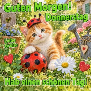 Kätzchen mit Marienkäfermütze spielt mit einem Marienkäferball, Text: Guten Morgen! Donnerstag – Liebe Grüße – Hab einen schönen Tag!