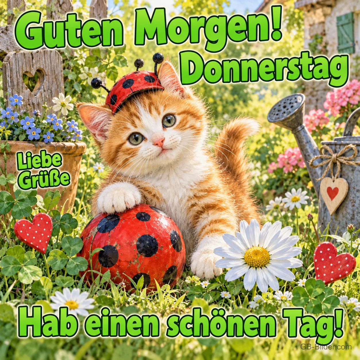 Kätzchen mit Marienkäfermütze spielt mit einem Marienkäferball, Text: Guten Morgen! Donnerstag – Liebe Grüße – Hab einen schönen Tag!