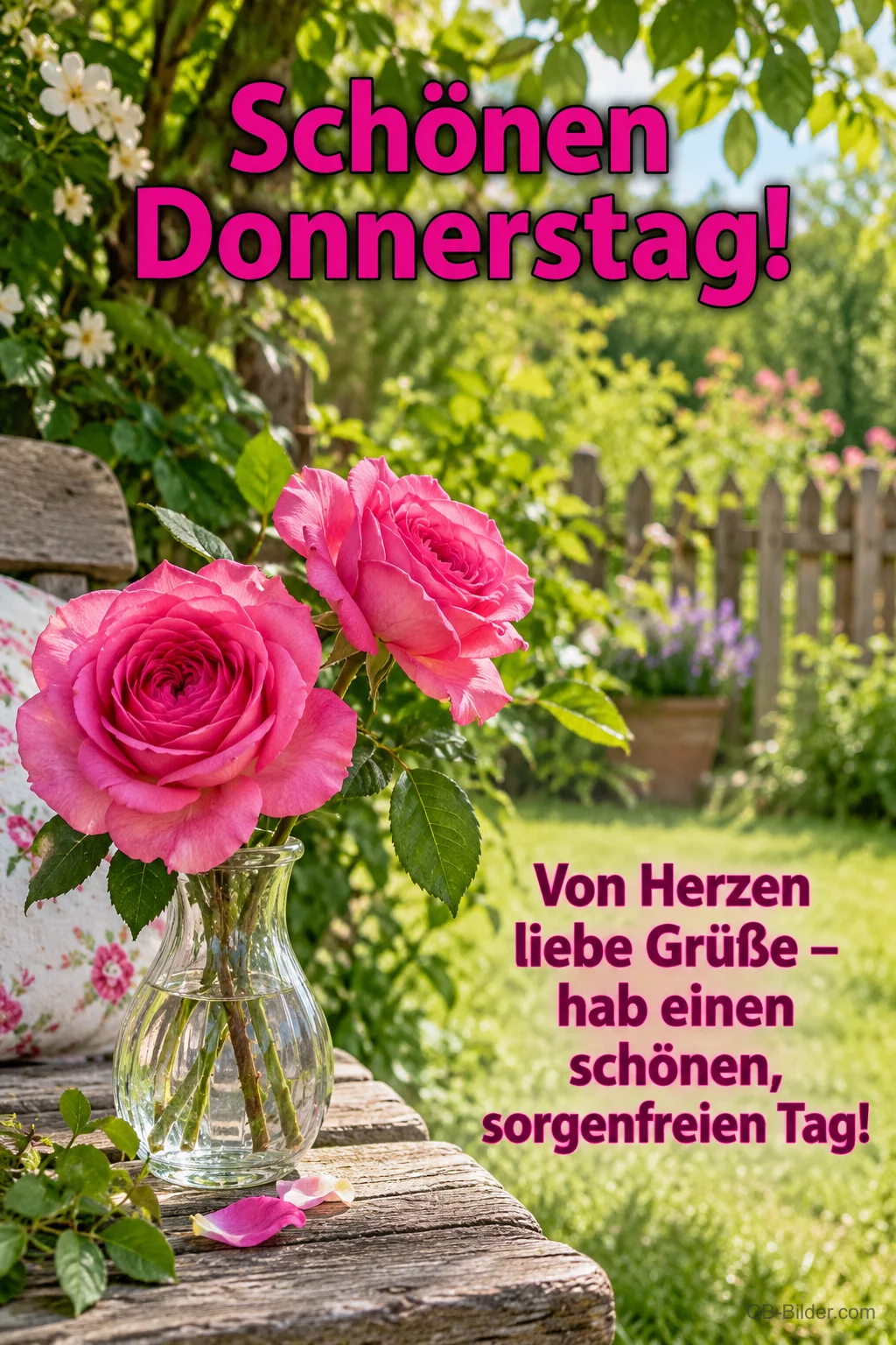 Pinke Rosen in einer Glasvase im Garten, Text: Schönen Donnerstag! – Von Herzen liebe Grüße – hab einen schönen, sorgenfreien Tag!