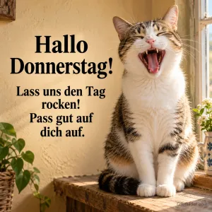 Katze lacht mit weit offenem Maul am Fenster, Text: Hallo Donnerstag! – Lass uns den Tag rocken! Pass gut auf dich auf.