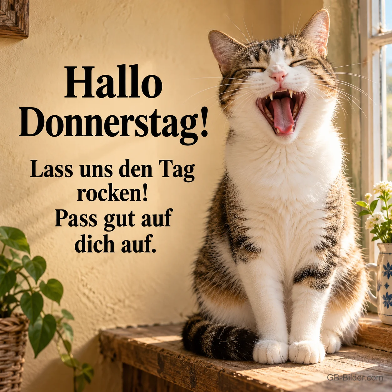 Katze lacht mit weit offenem Maul am Fenster, Text: Hallo Donnerstag! – Lass uns den Tag rocken! Pass gut auf dich auf.