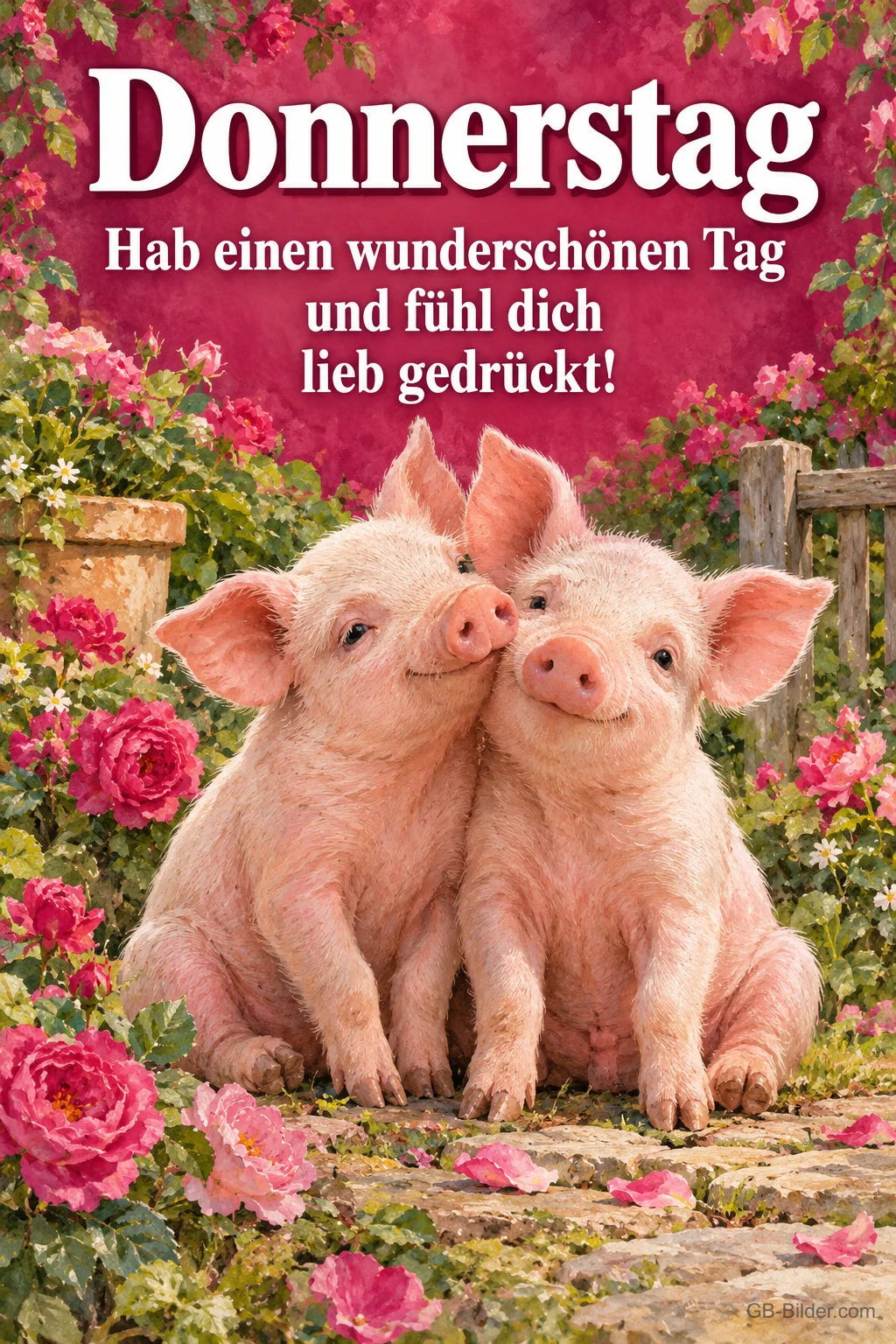 Zwei Ferkel kuscheln zwischen Rosen, Text: Donnerstag – Hab einen wunderschönen Tag und fühl dich lieb gedrückt!