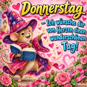 Maus mit Zauberhut und Sternenmantel liest in einem Buch zwischen Rosen und Herzen, Text: Donnerstag – Ich wünsche dir von Herzen einen wunderschönen Tag!