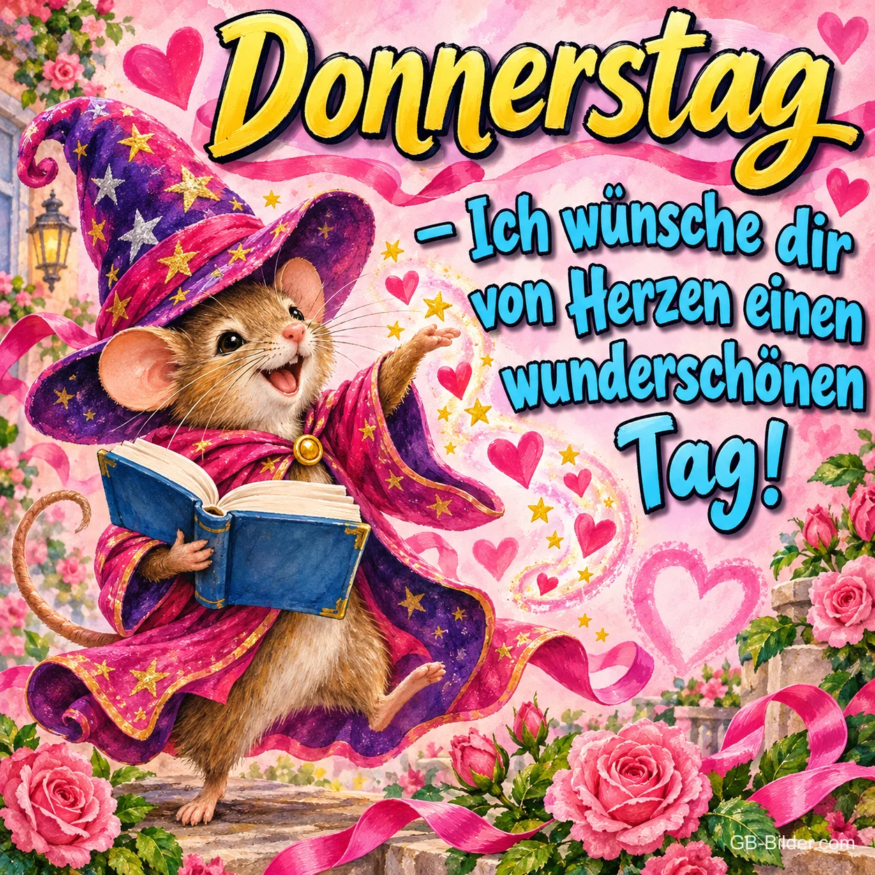 Maus mit Zauberhut und Sternenmantel liest in einem Buch zwischen Rosen und Herzen, Text: Donnerstag – Ich wünsche dir von Herzen einen wunderschönen Tag!