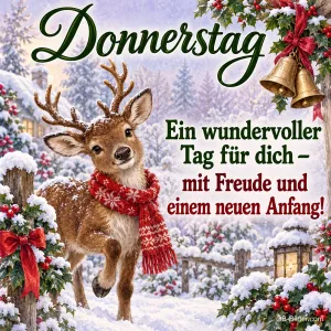 Rentier mit rotem Schal im verschneiten Wald, Text: Donnerstag – Ein wundervoller Tag für dich – mit Freude und einem neuen Anfang!