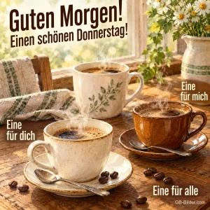 Drei Kaffeetassen auf einem Holztisch, Text: Guten Morgen! Einen schönen Donnerstag! – Eine für dich, eine für mich, eine für alle