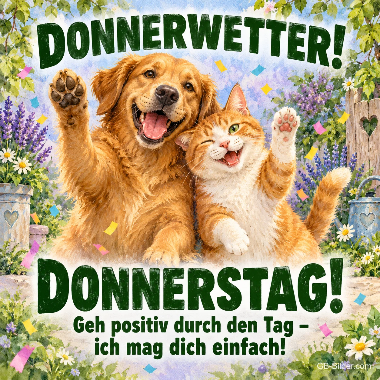 Golden Retriever und rote Katze jubeln im Garten, Text: DONNERWETTER! DONNERSTAG! – Geh positiv durch den Tag – ich mag dich einfach!