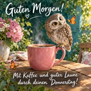 Eule sitzt auf einer rosa Kaffeetasse, Text: Guten Morgen! – Mit Kaffee und guter Laune durch deinen Donnerstag!
