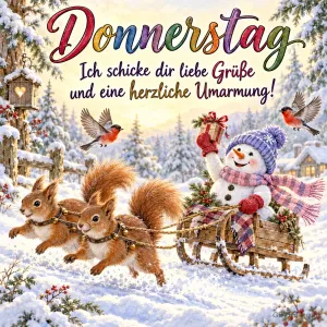 Zwei Eichhörnchen ziehen einen Schneemann auf dem Schlitten, Text: Donnerstag – Ich schicke dir liebe Grüße und eine herzliche Umarmung!