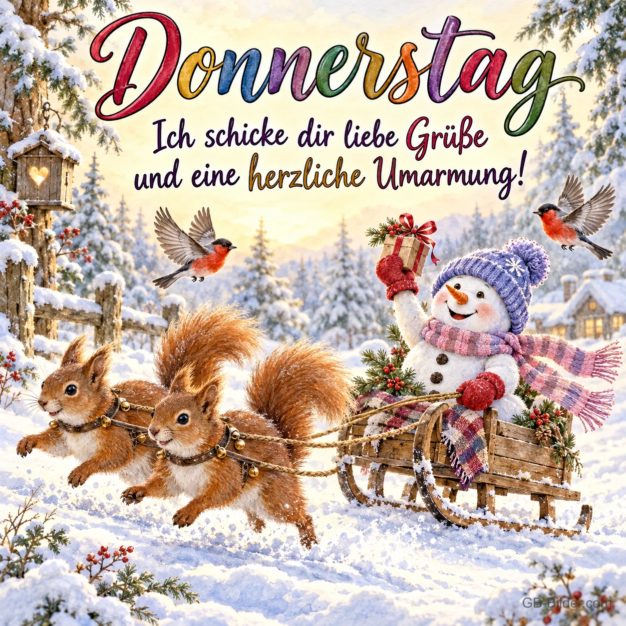 Zwei Eichhörnchen ziehen einen Schneemann auf dem Schlitten, Text: Donnerstag – Ich schicke dir liebe Grüße und eine herzliche Umarmung!