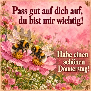 Zwei Hummeln auf pinken Blüten, Text: Pass gut auf dich auf, du bist mir wichtig! – Habe einen schönen Donnerstag!