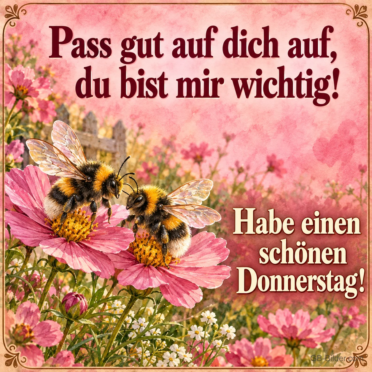 Zwei Hummeln auf pinken Blüten, Text: Pass gut auf dich auf, du bist mir wichtig! – Habe einen schönen Donnerstag!