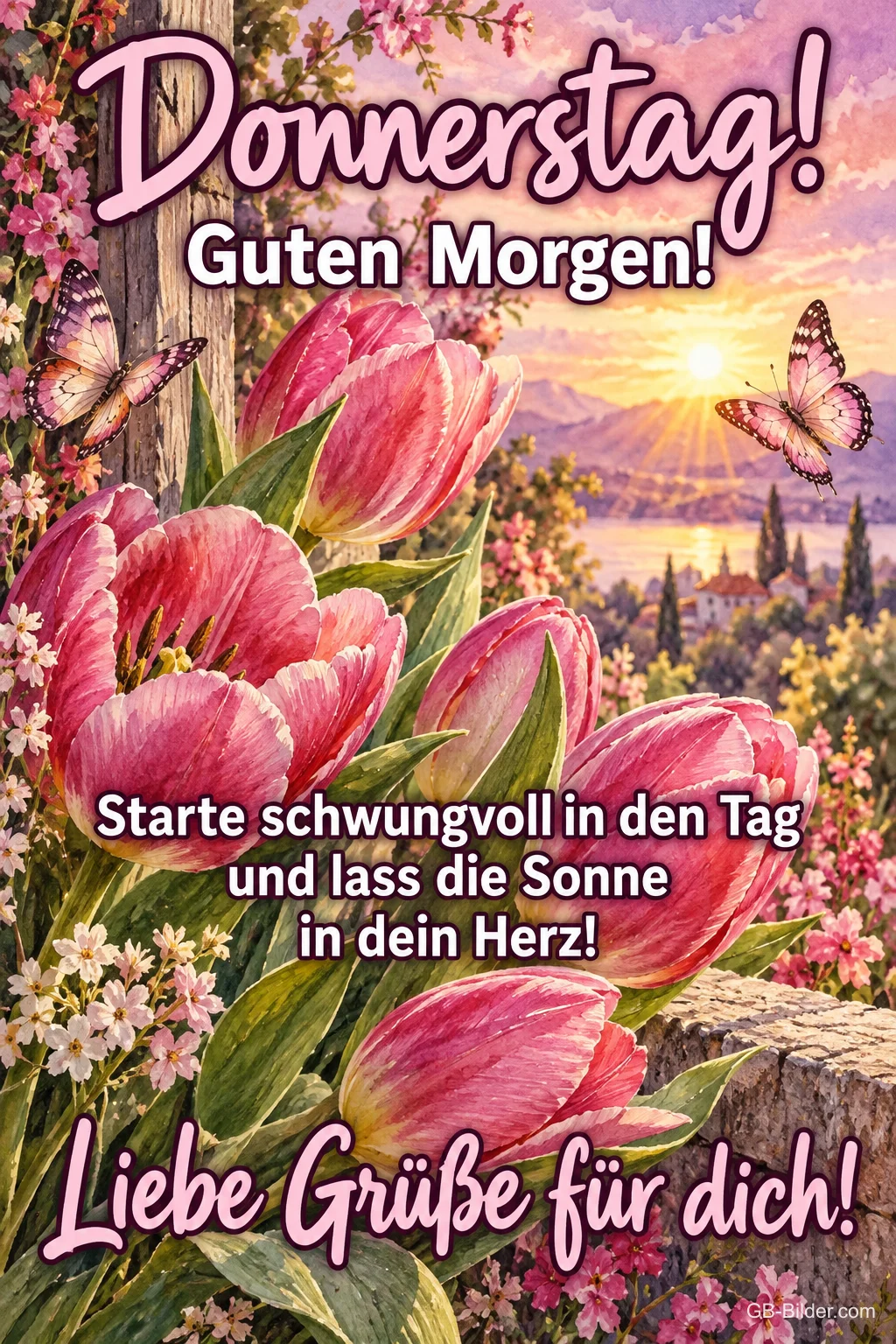 Pinke Tulpen im Morgenlicht mit Schmetterlingen, Text: Donnerstag! Guten Morgen! – Starte schwungvoll in den Tag und lass die Sonne in dein Herz! Liebe Grüße für dich!