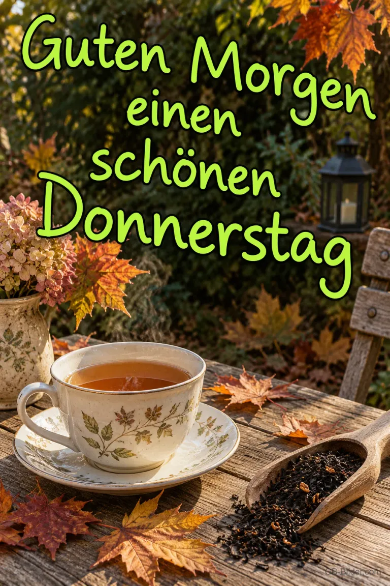 Teetasse im Herbstlaub, Text: Guten Morgen einen schönen Donnerstag