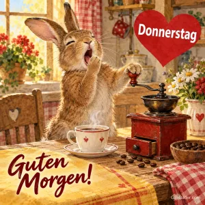 Hase gähnt an einer Kaffeemühle am Frühstückstisch, Text: Donnerstag – Guten Morgen!
