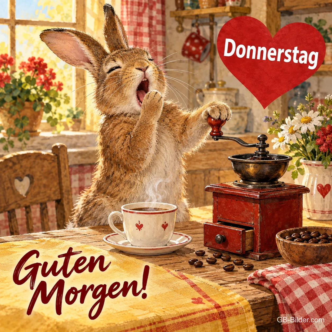 Hase gähnt an einer Kaffeemühle am Frühstückstisch, Text: Donnerstag – Guten Morgen!