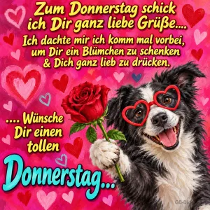 Hund mit Herzbrille hält eine rote Rose, Text: Zum Donnerstag schick ich Dir ganz liebe Grüße.... Ich dachte mir ich komm mal vorbei, um Dir ein Blümchen zu schenken & Dich ganz lieb zu drücken. .... Wünsche Dir einen tollen Donnerstag...