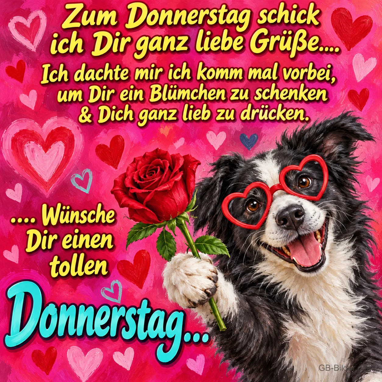 Hund mit Herzbrille hält eine rote Rose, Text: Zum Donnerstag schick ich Dir ganz liebe Grüße.... Ich dachte mir ich komm mal vorbei, um Dir ein Blümchen zu schenken & Dich ganz lieb zu drücken. .... Wünsche Dir einen tollen Donnerstag...