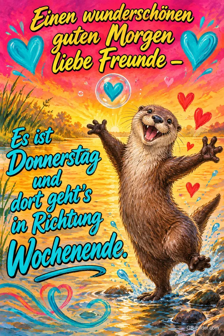 Otter tanzt fröhlich am Fluss bei Sonnenaufgang, Text: Einen wunderschönen guten Morgen liebe Freunde – Es ist Donnerstag und dort geht's in Richtung Wochenende.