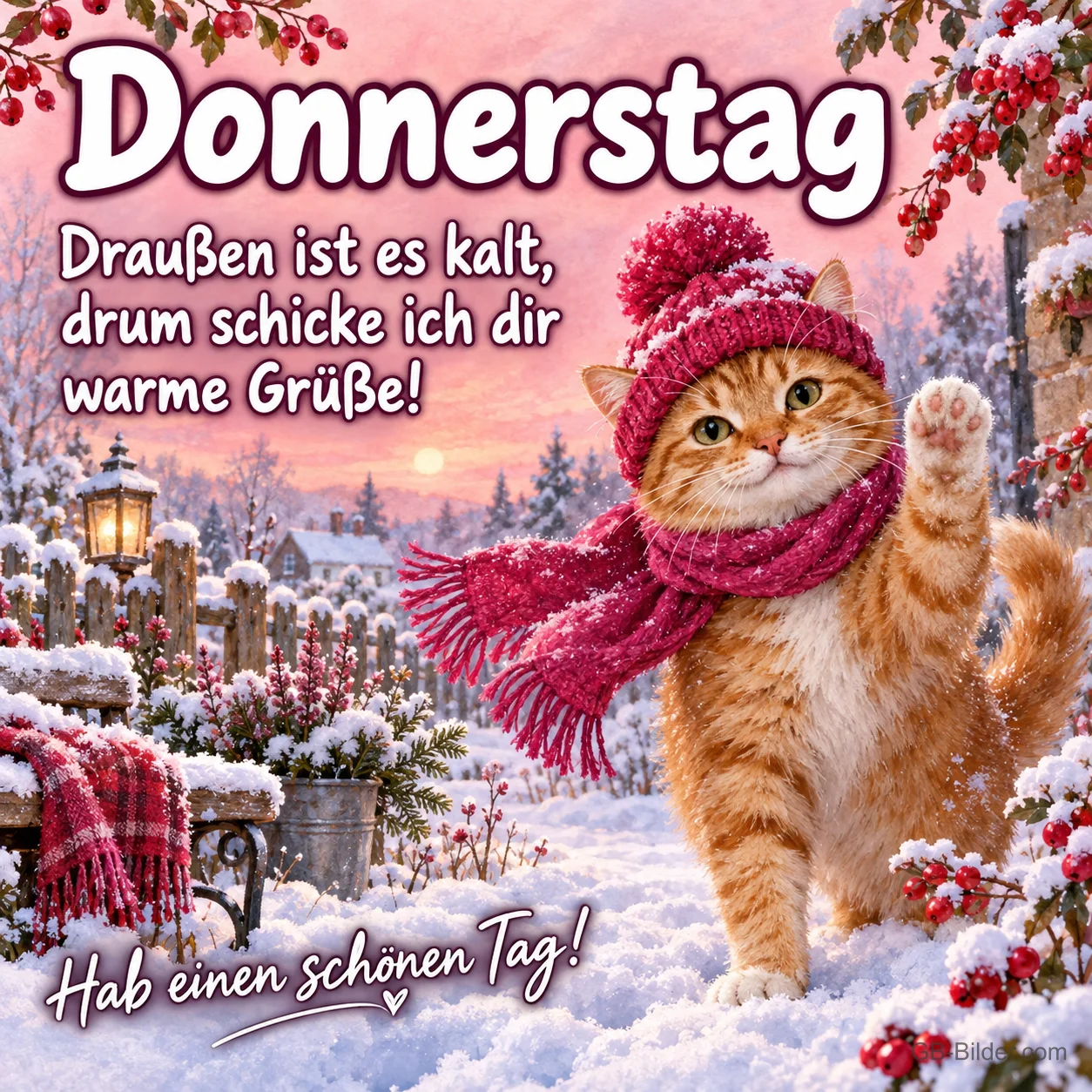 Rote Katze mit Mütze und Schal winkt im Schnee, Text: Donnerstag – Draußen ist es kalt, drum schicke ich dir warme Grüße! Hab einen schönen Tag!