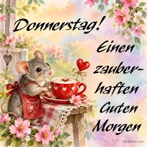 Maus mit Kaffeetasse, Text: Donnerstag