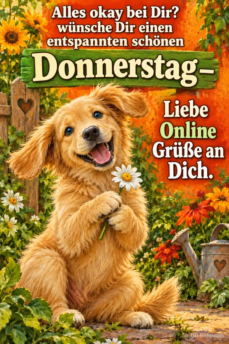 Golden-Retriever-Welpe hält ein Gänseblümchen im Garten, Text: Alles okay bei Dir? wünsche Dir einen entspannten schönen Donnerstag – Liebe Online Grüße an Dich.