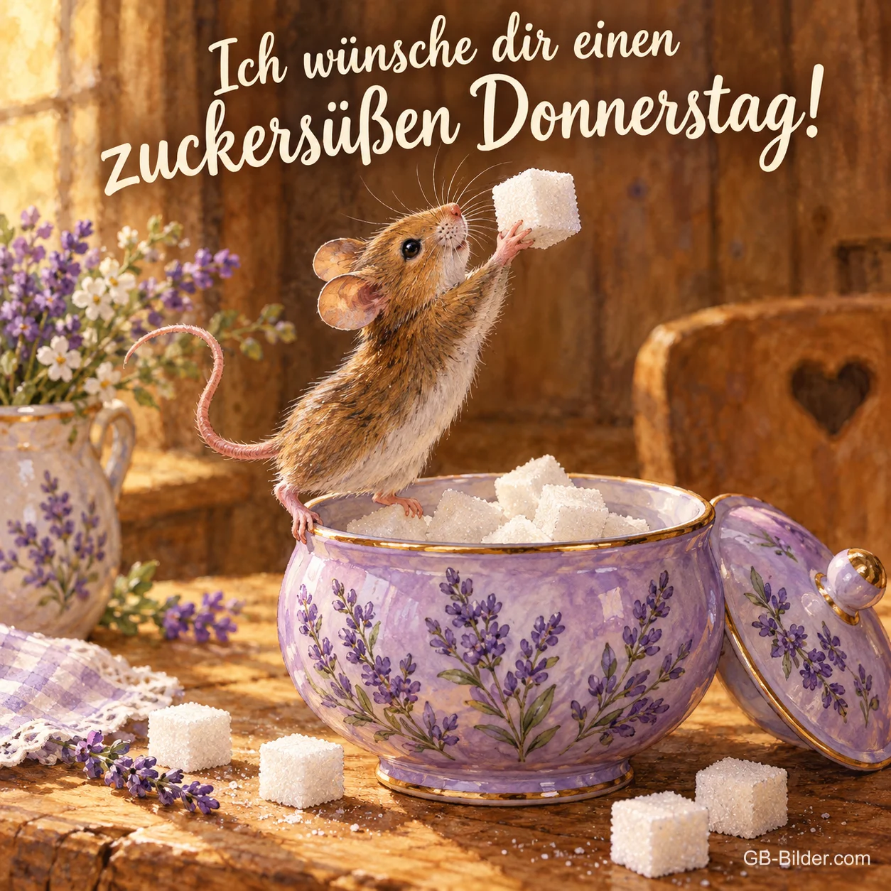 Maus hebt einen Zuckerwürfel aus einer Zuckerdose, Text: Ich wünsche dir einen zuckersüßen Donnerstag!