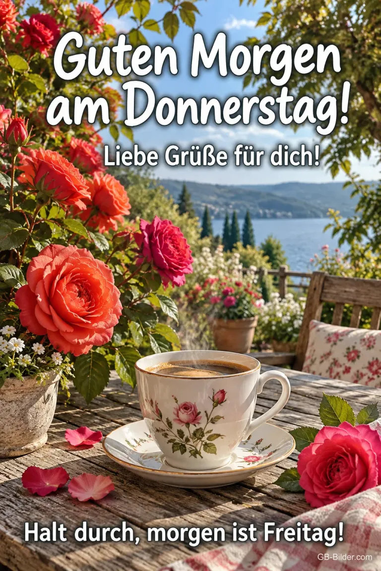 Kaffeetasse zwischen roten Rosen auf einer Terrasse am See, Text: Guten Morgen am Donnerstag! – Liebe Grüße für dich! Halt durch, morgen ist Freitag!